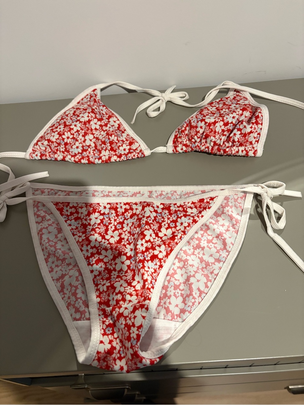 Red Floral Triangle Bikini Set with White Trim